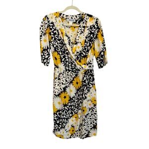 Vintage 80s 90s Marcolas Paris Dress Daisy Floral Midi Wrap Silk Boho Bloomcore